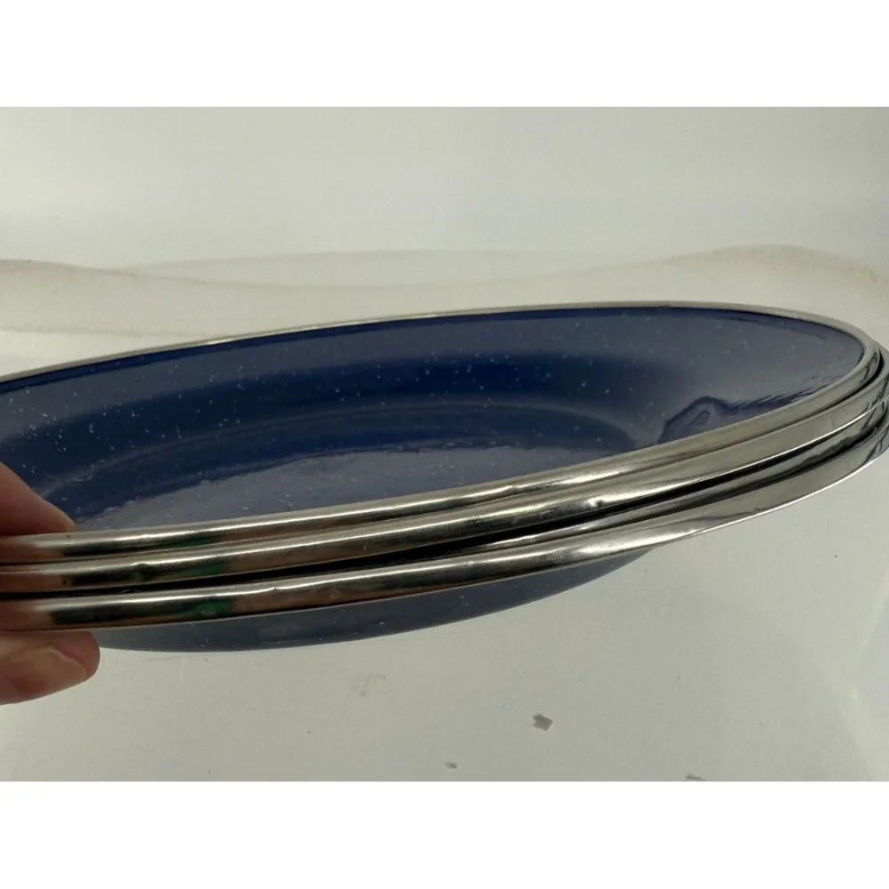 Vintage Blue Enamelware Dinner Plates White Speckled Silver Rim Camping Set of 4